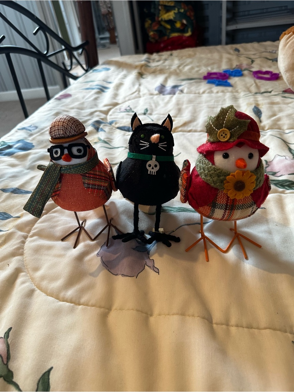 Set of 3 Decorative Fabric Birds in Black, Orange & Red